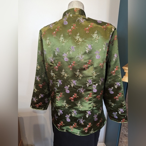 Vintage Green Satin Brocade Asian Jacket woman's  size XL - Picture 2 of 9